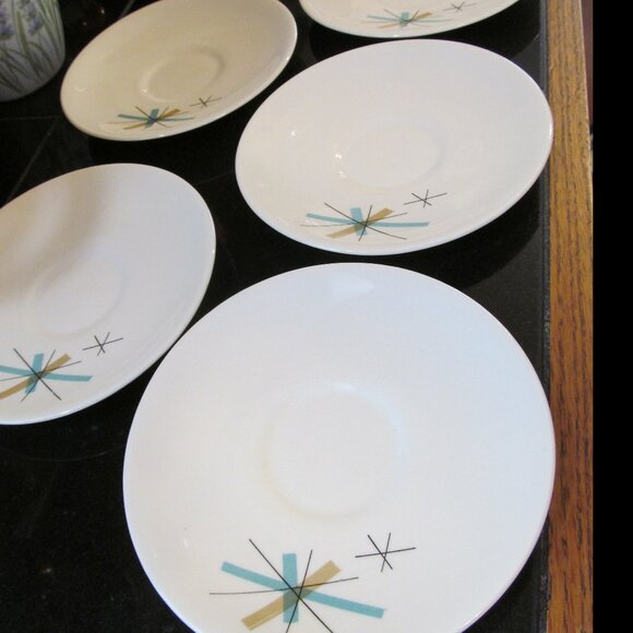 5 Vintage MCM Salem North Star Atomic Starburst Saucers Turquoise & Tan 1960s